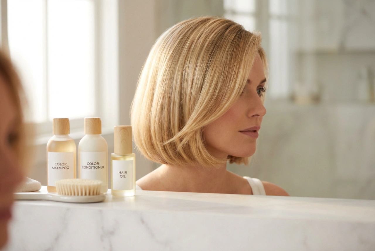 Pelo rubio corto: estilizado con protección del color y brillo