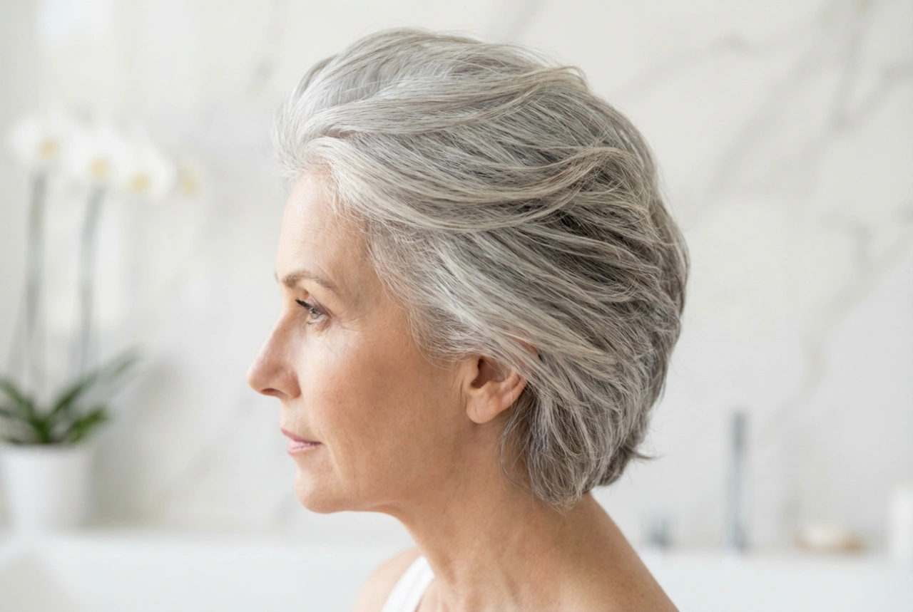 Simplicidad elegante: peinado para cabello canoso con brillo y textura