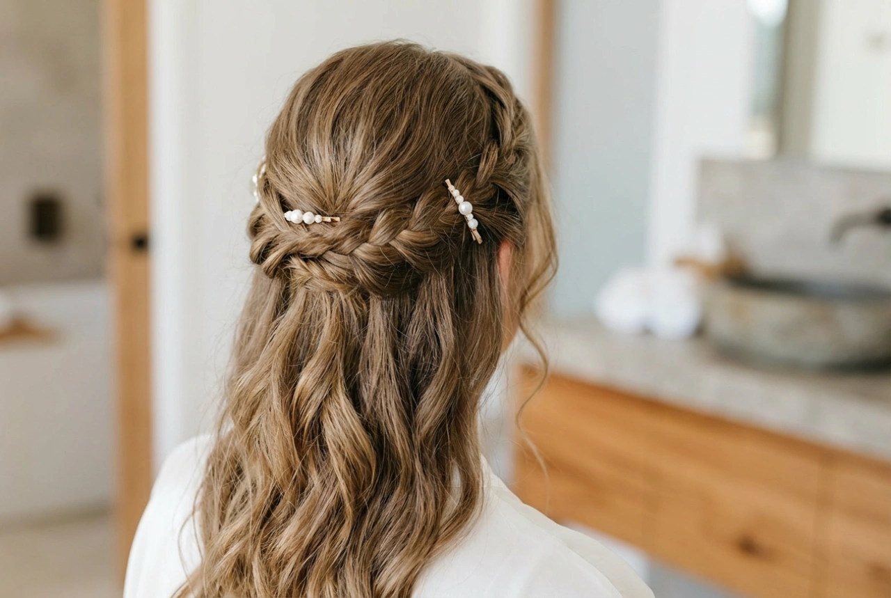 Peinado romántico delicado: ondas suaves, trenzas sueltas y horquillas