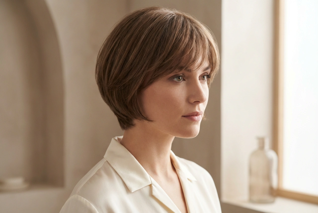 Corte de pelo corto con flequillo: volumen en la raíz y un acabado suave