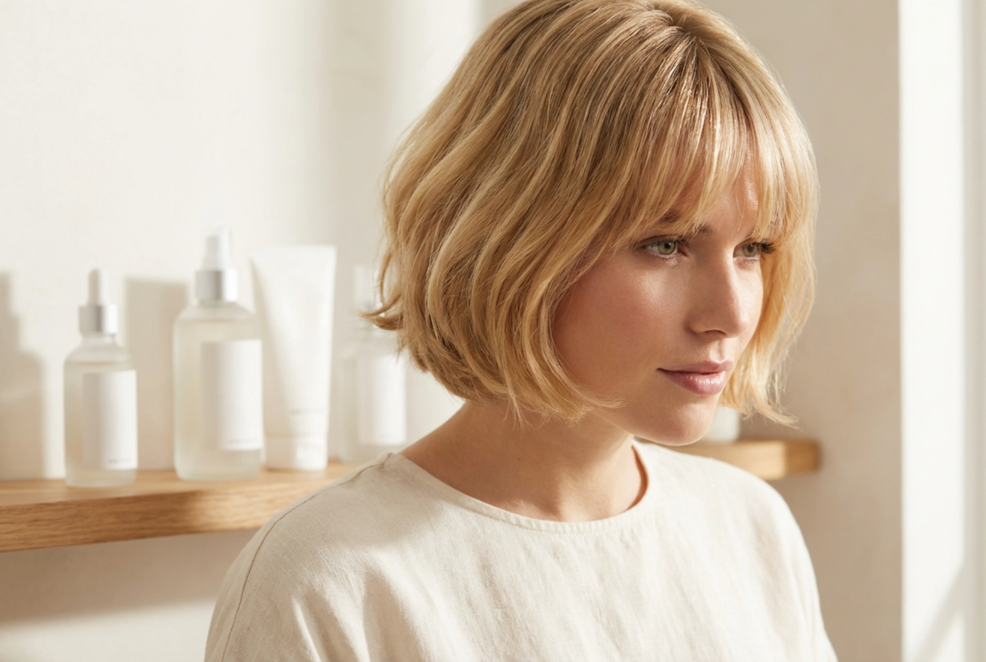 Pelo corto rubio con flequillo: protección del color y volumen