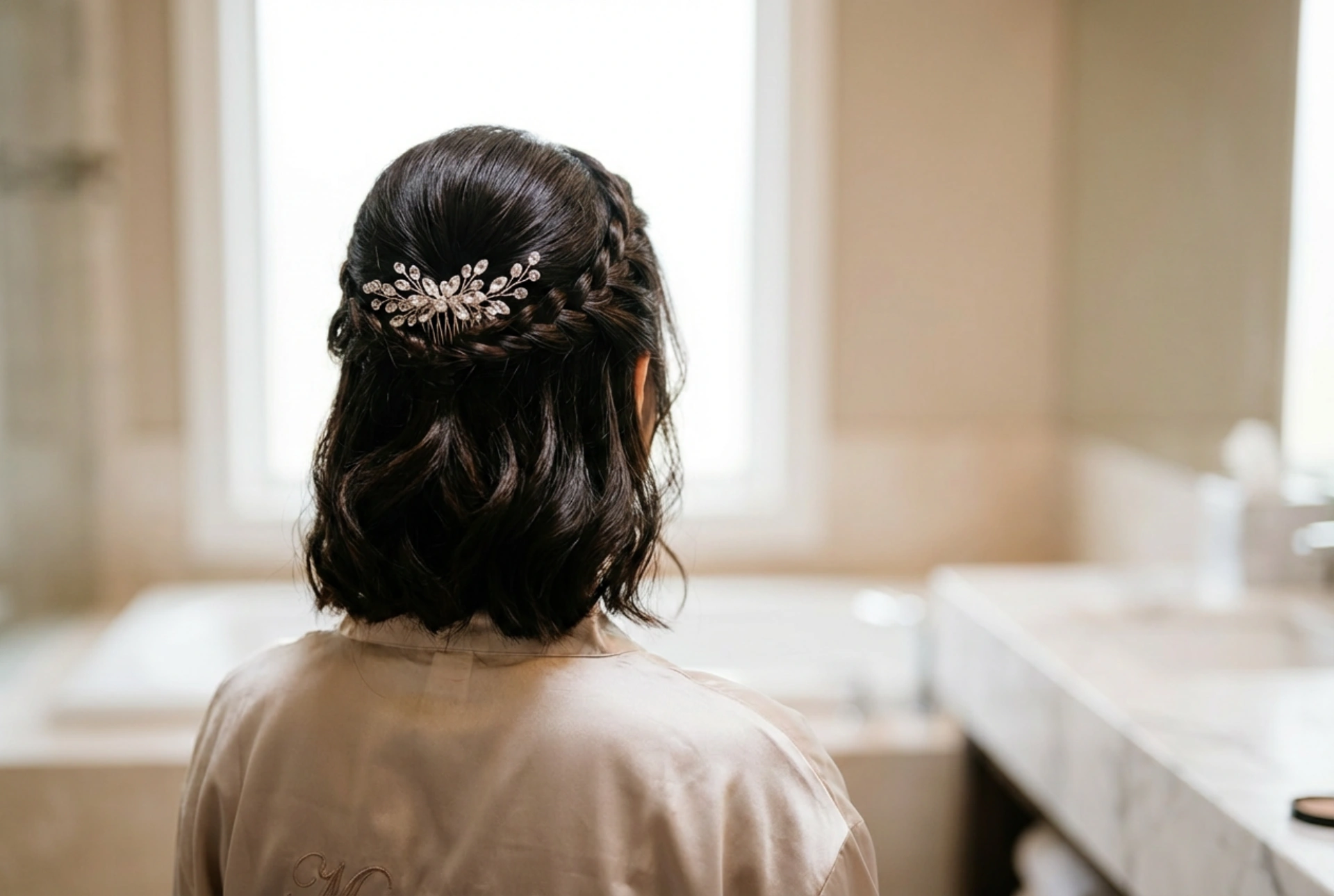 Recogidos para media melena para una boda: técnicas, fijación y accesorios