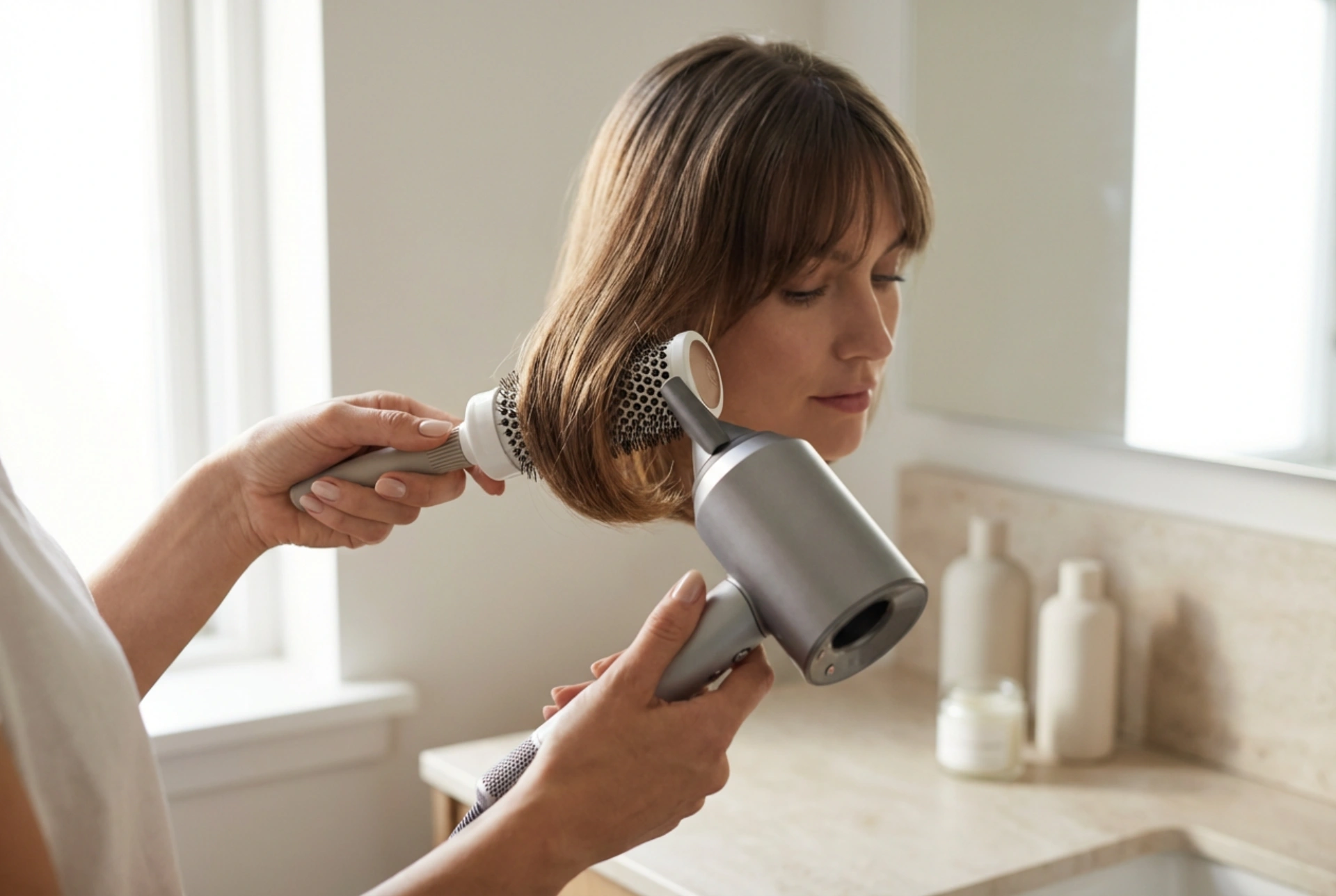 Pelo de longitud media con flequillo: secado, peinado y fijación duradera