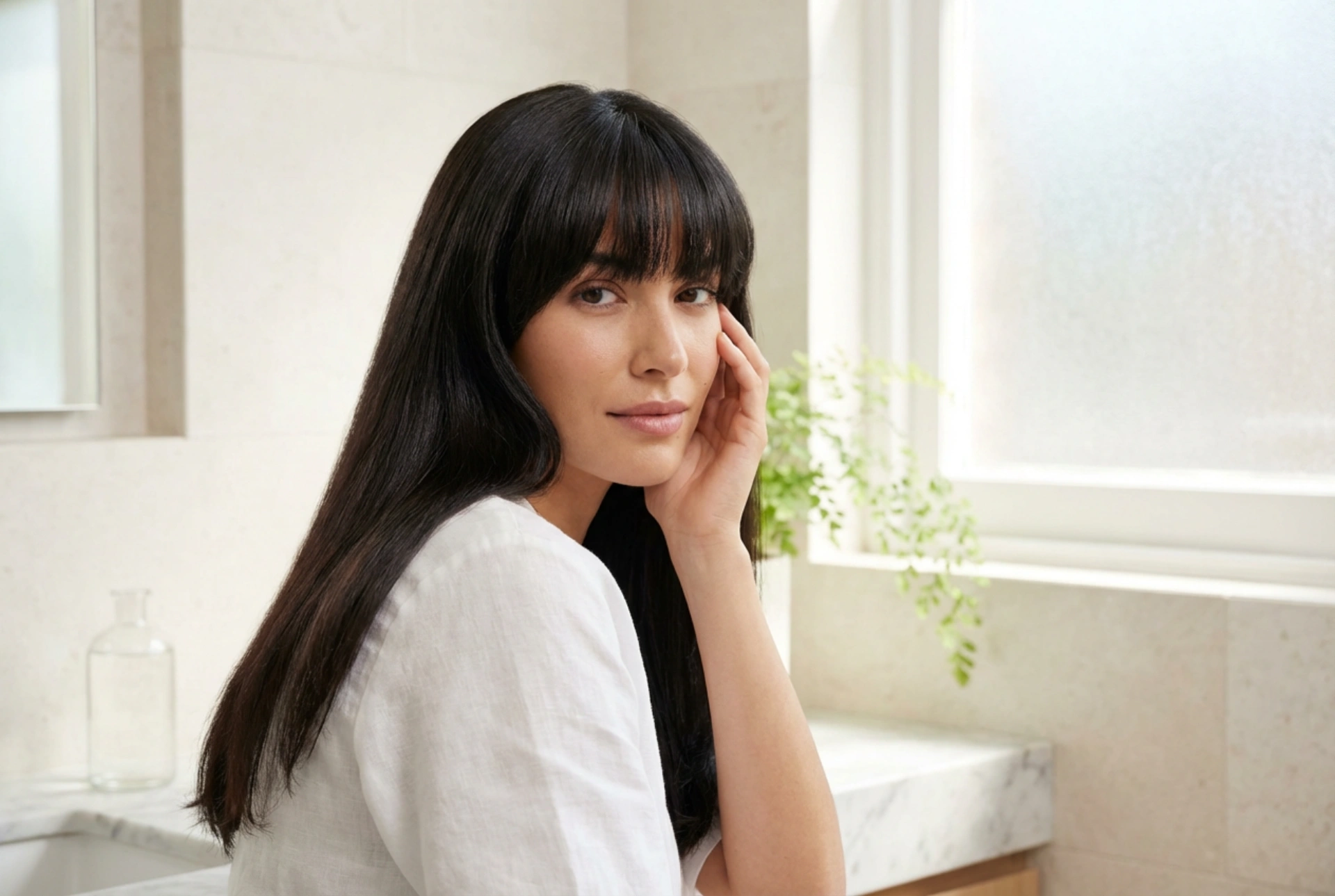 Cabello largo con flequillo: peinado, volumen en la raíz y alisado perfecto