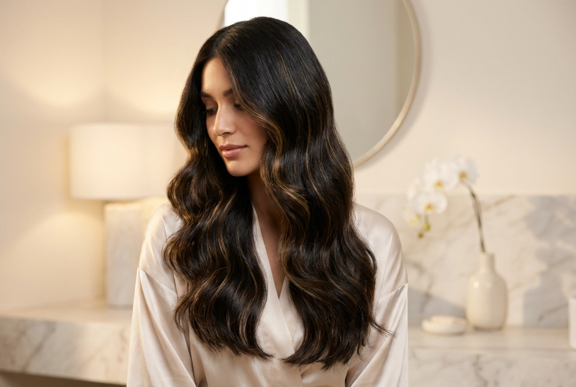 Brillo y durabilidad: peinado de Nochevieja para cabello largo con efecto glamour