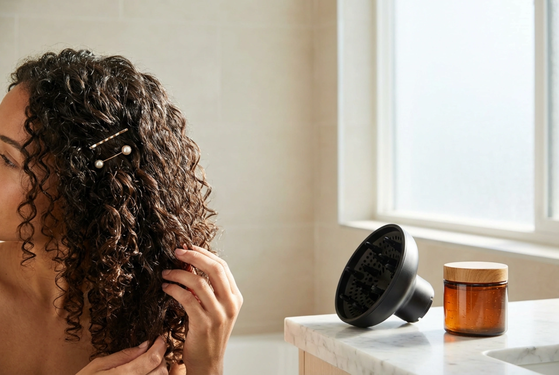 Peinado: Cabello rizado con definición, difusor, gel y horquillas