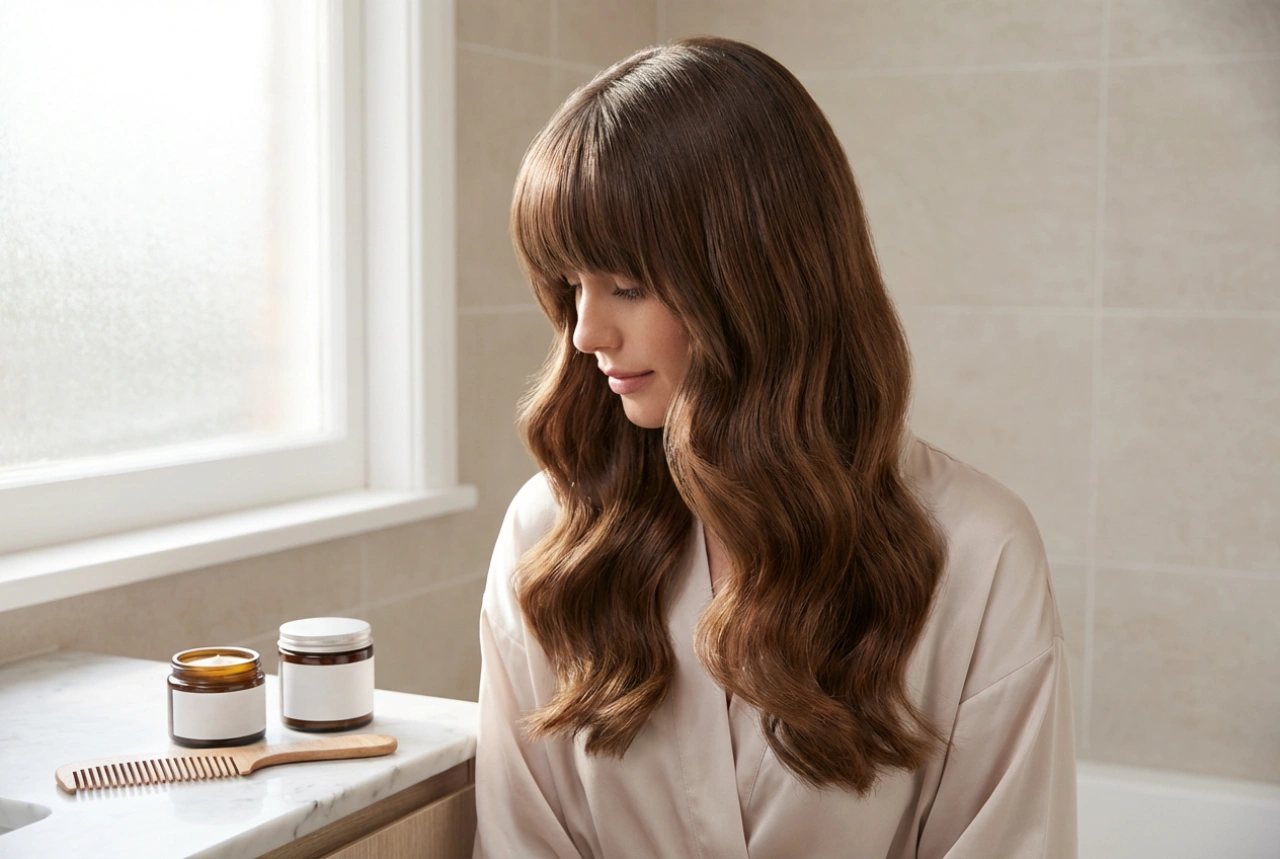 Pelo largo y peinado con flequillo: ondas, alisado, fijación