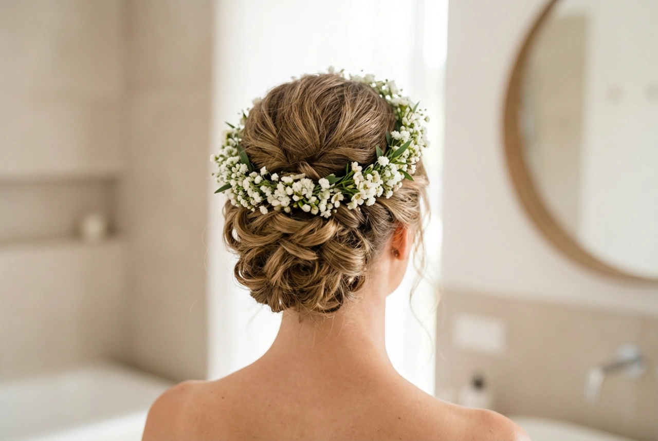 Peinado de novia con corona de flores: preparación del cabello y recogidos firmes