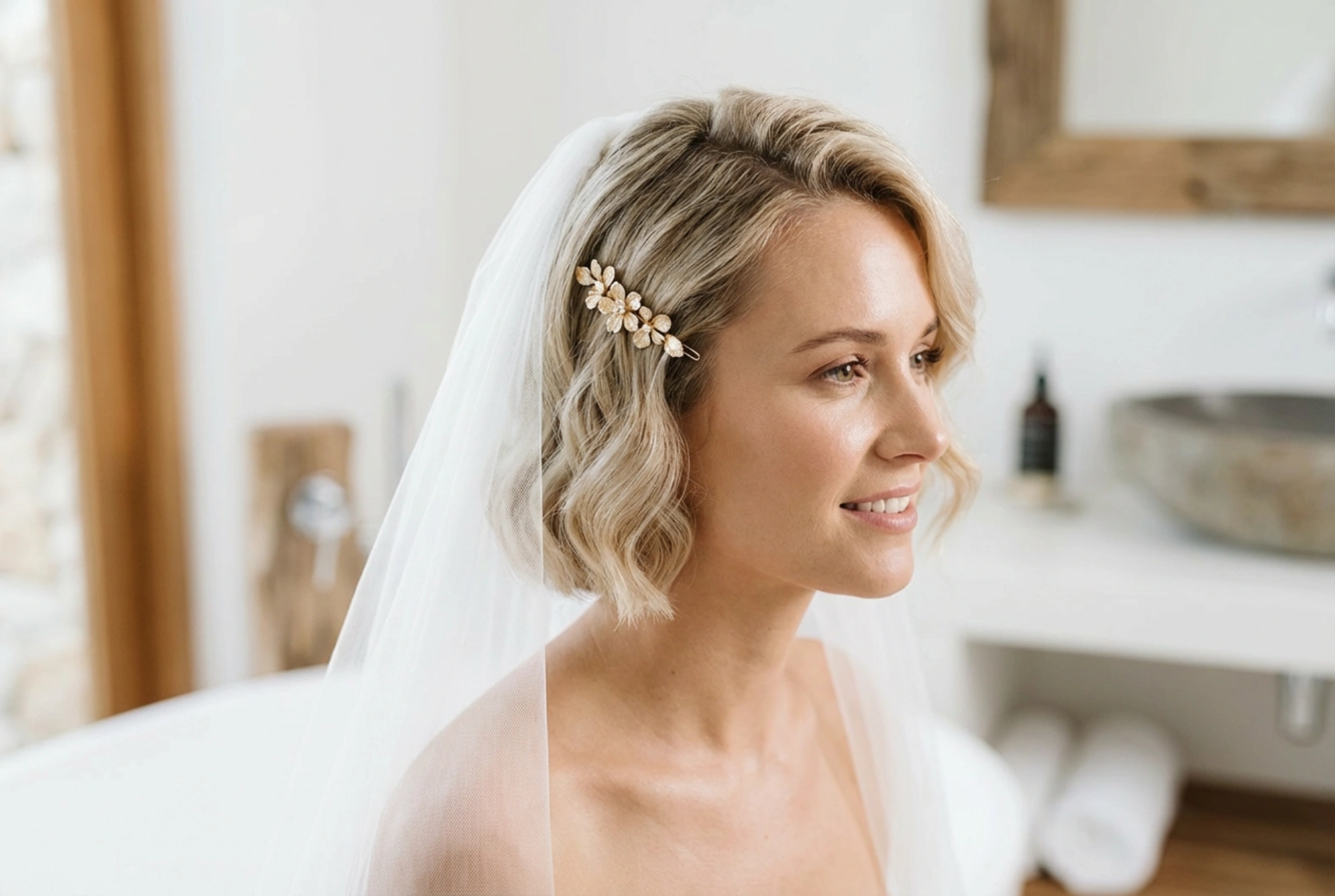 Pelo corto y peinados de boda: ondas elegantes, horquillas y el velo