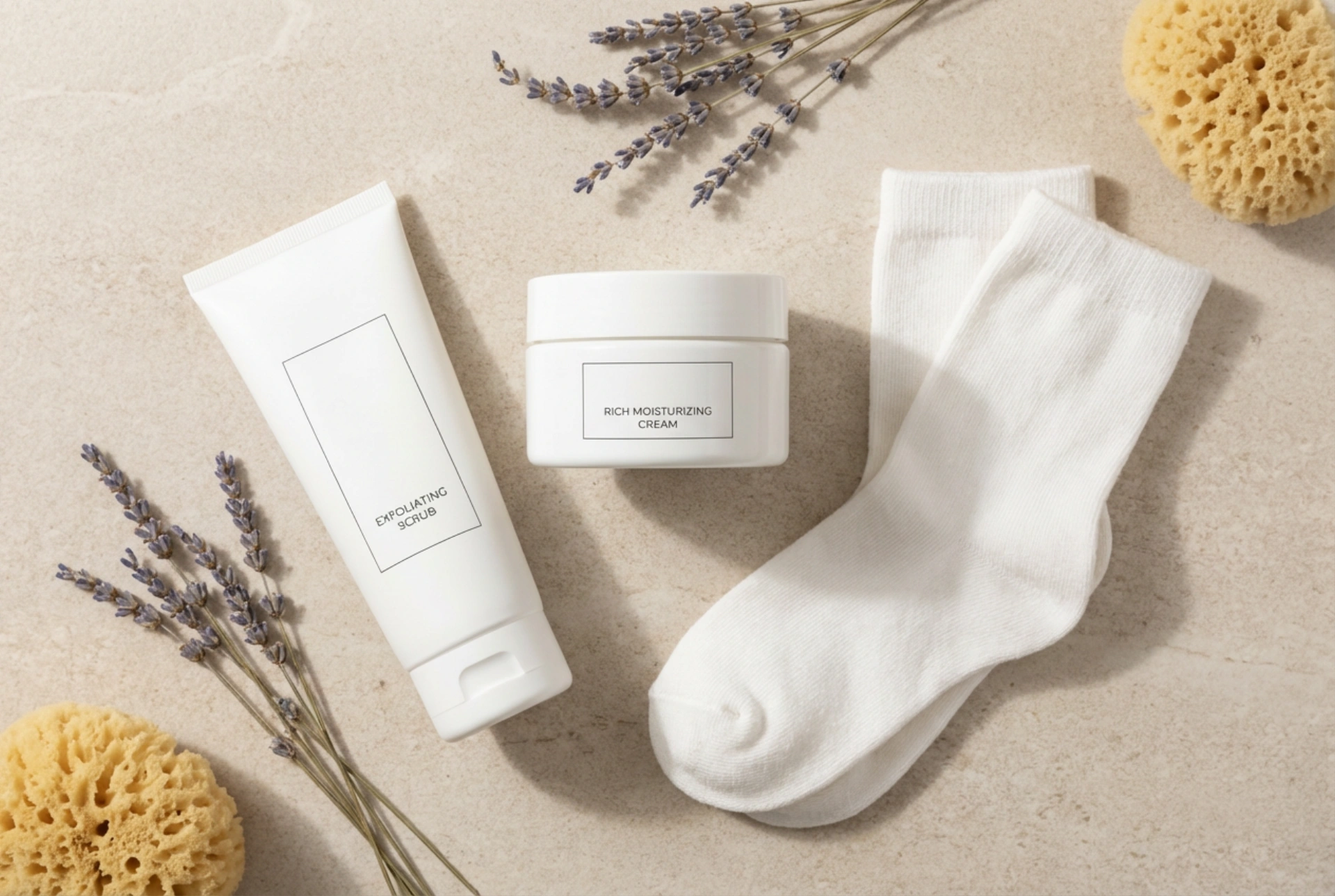 Rutina diaria para talones secos: exfoliante, crema y calcetines