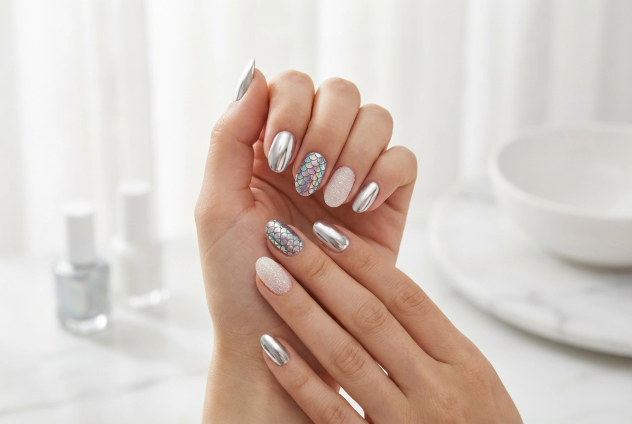 Uñas con polvos decorativos: aplicación del efecto espejo, sirena y azúcar