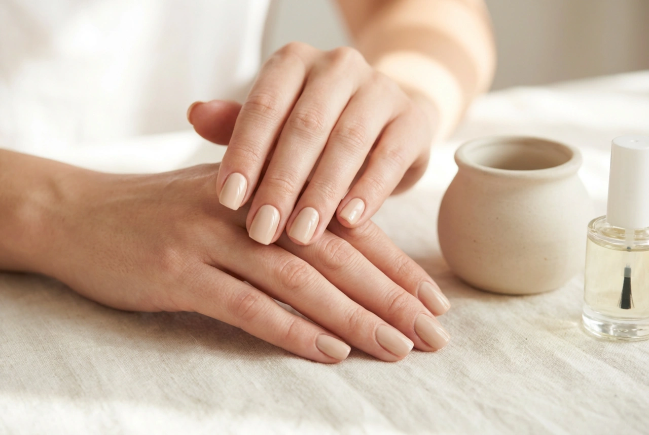 Uñas híbridas beige sin rayas: elección del tono, cobertura y acabado