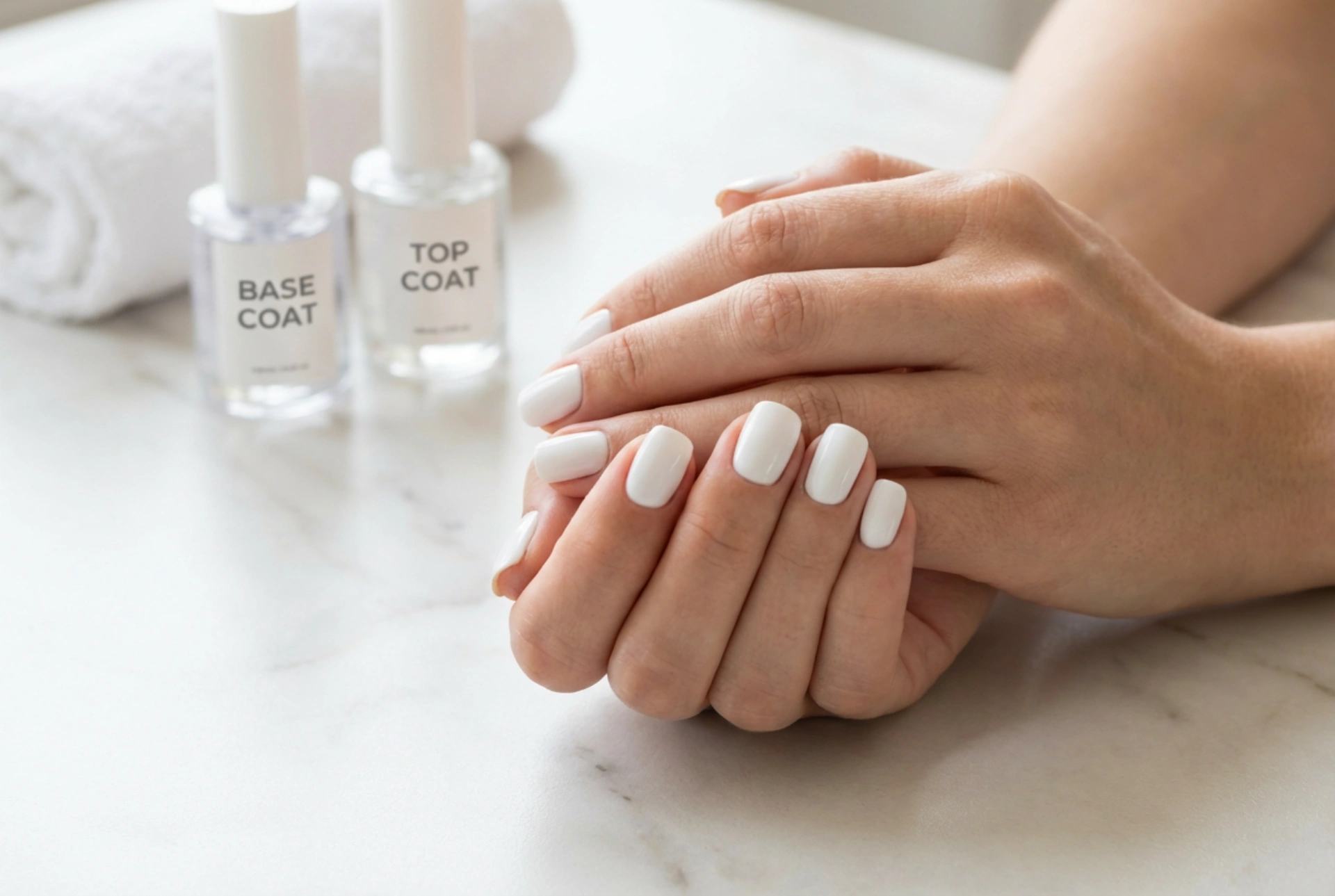 Uñas de gel blancas sin vetas: base, dos capas finas y top coat