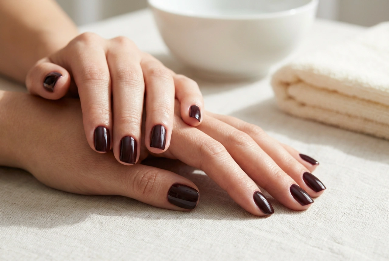 Uñas híbridas oscuras: líneas limpias en las cutículas y profundidad de color
