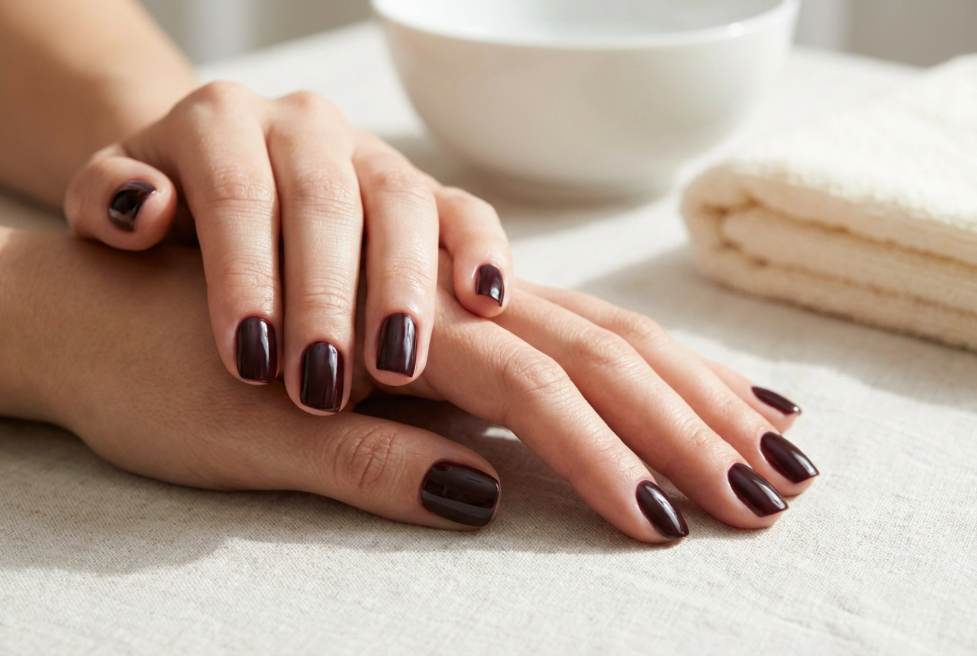 Uñas híbridas oscuras: líneas limpias en las cutículas y profundidad de color