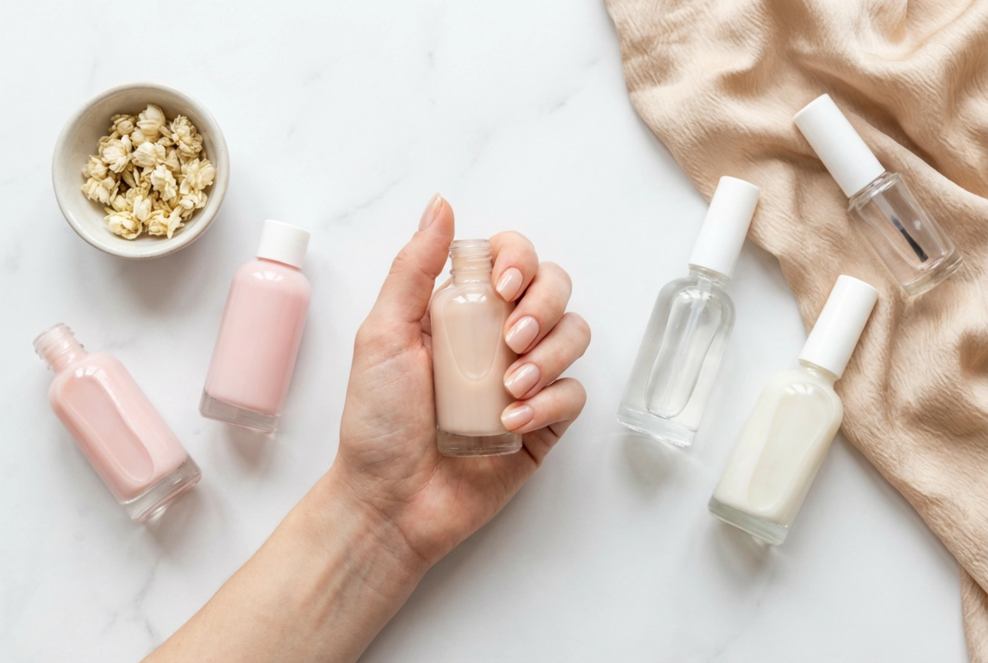 Esmaltado semipermanente en tonos naturales: bases de construcción, tonos lechosos y acabado