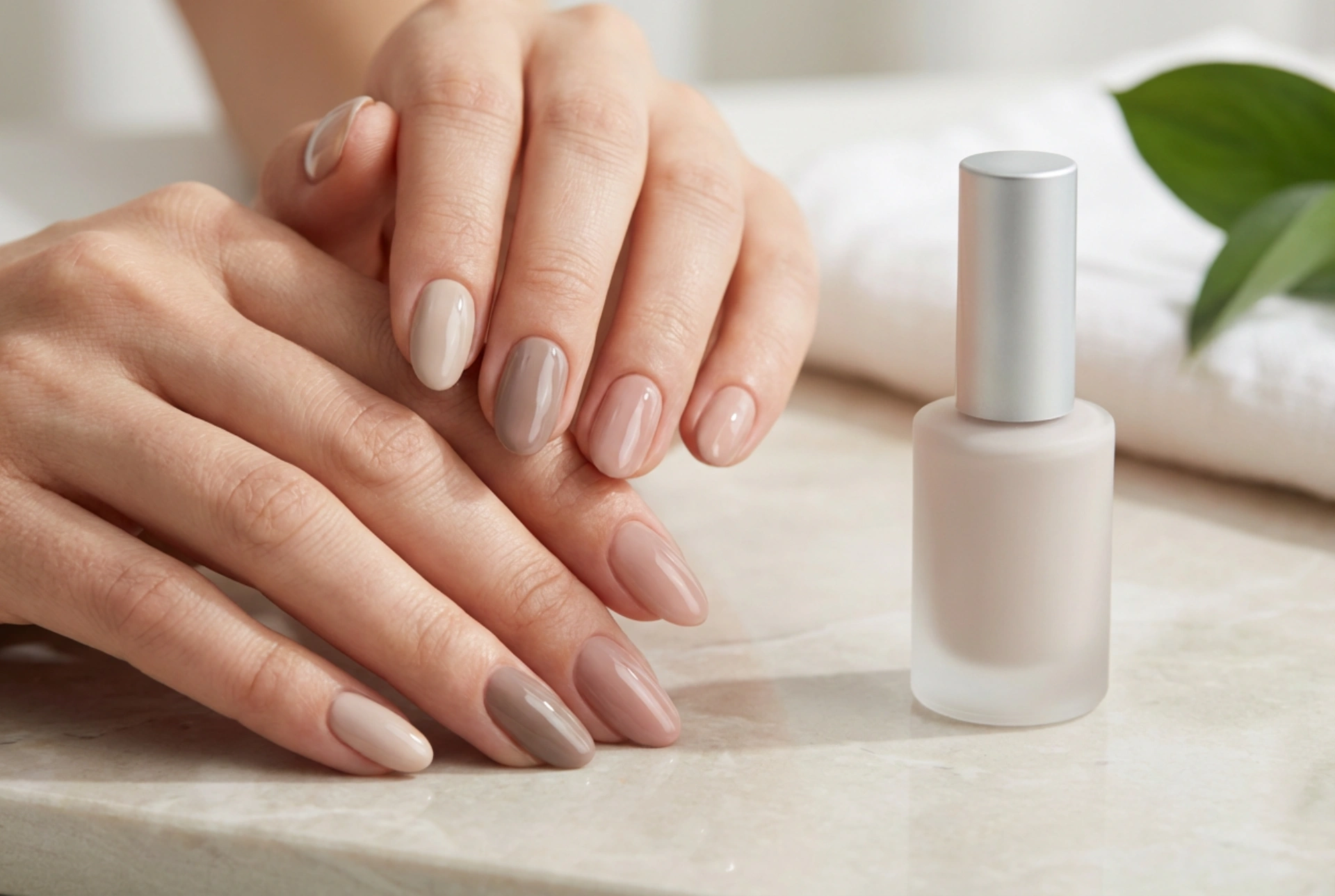 Manicura híbrida natural: tonos nude, capa fina y acabado brillante