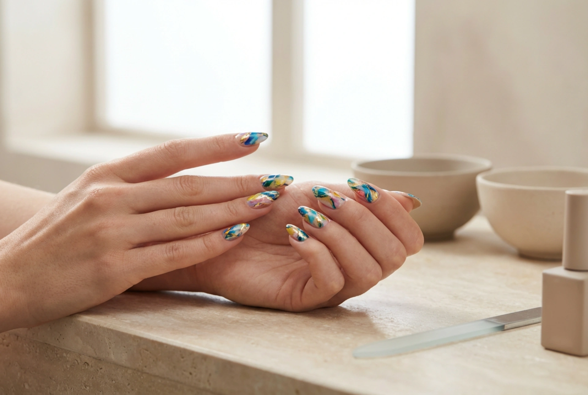 Uñas híbridas coloridas: combinación de colores, diseños y durabilidad