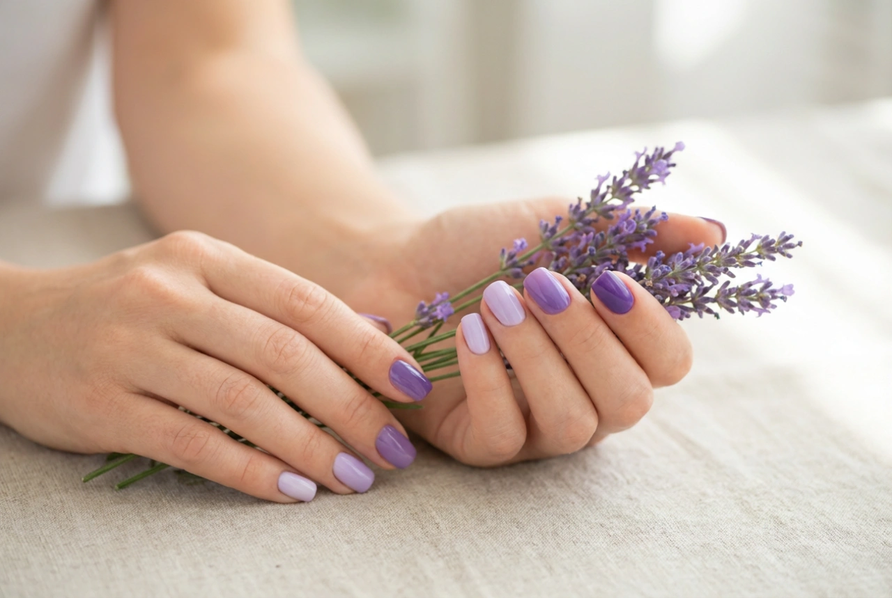 Uñas híbridas lavanda: elección del tono, acabado y acentos florales