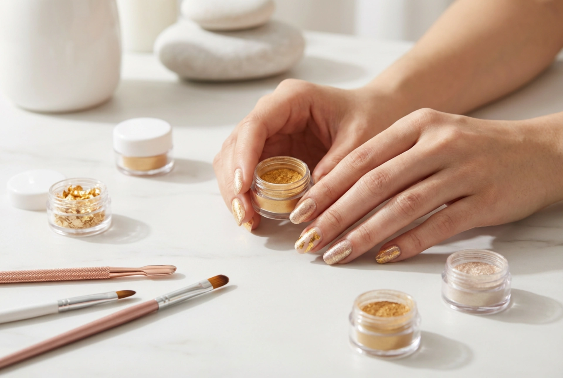 Manicura Dorada: Ideas Fáciles con Láminas, Polvos y Acentos Rápidos