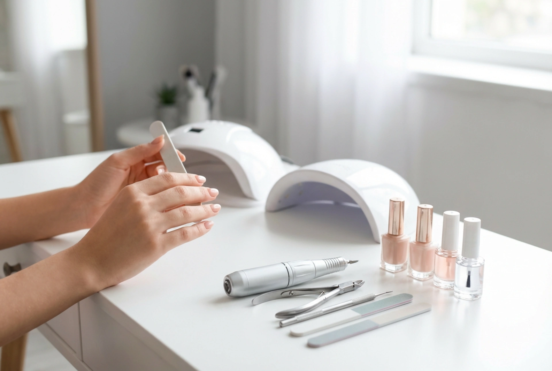 Torno y lámpara para uñas: estación de trabajo en casa y ergonomía