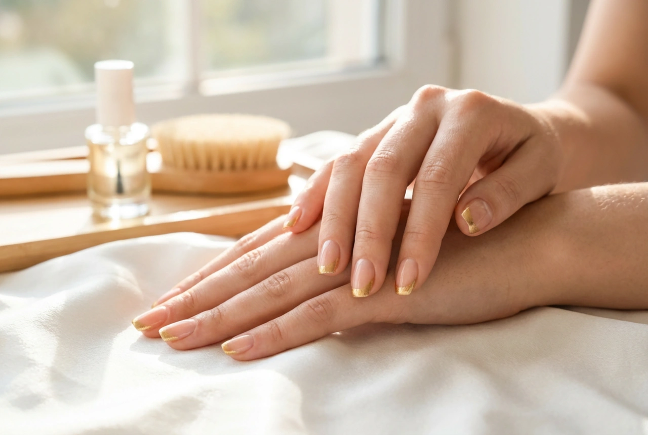 Manicura francesa dorada: cómo elegir el tono y pintar la línea de la sonrisa