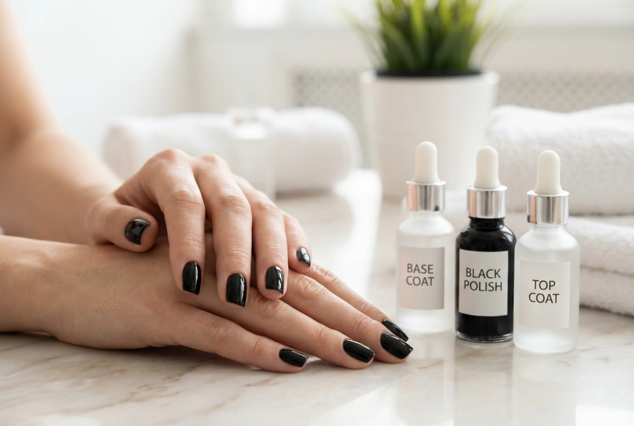 Uñas negras sin rayas: base, capas finas y top coat