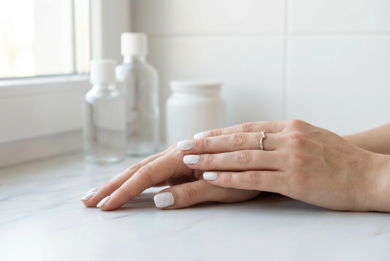 Uñas blancas con purpurina sin transparencias: base, aplicación y top coat