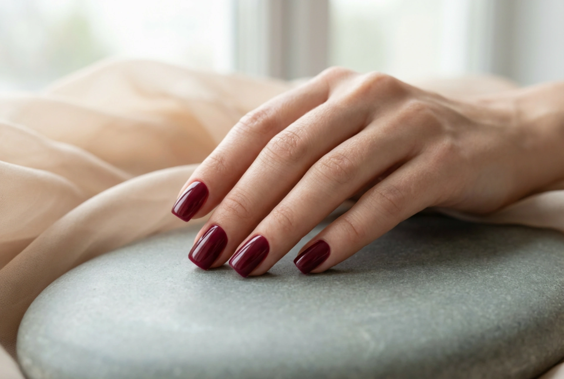 Uñas cuadradas burdeos: cómo darles forma, pintarlas y aplicar el top coat