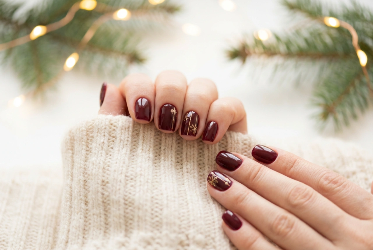 Uñas burdeos navideñas: motivos clásicos, paso a paso