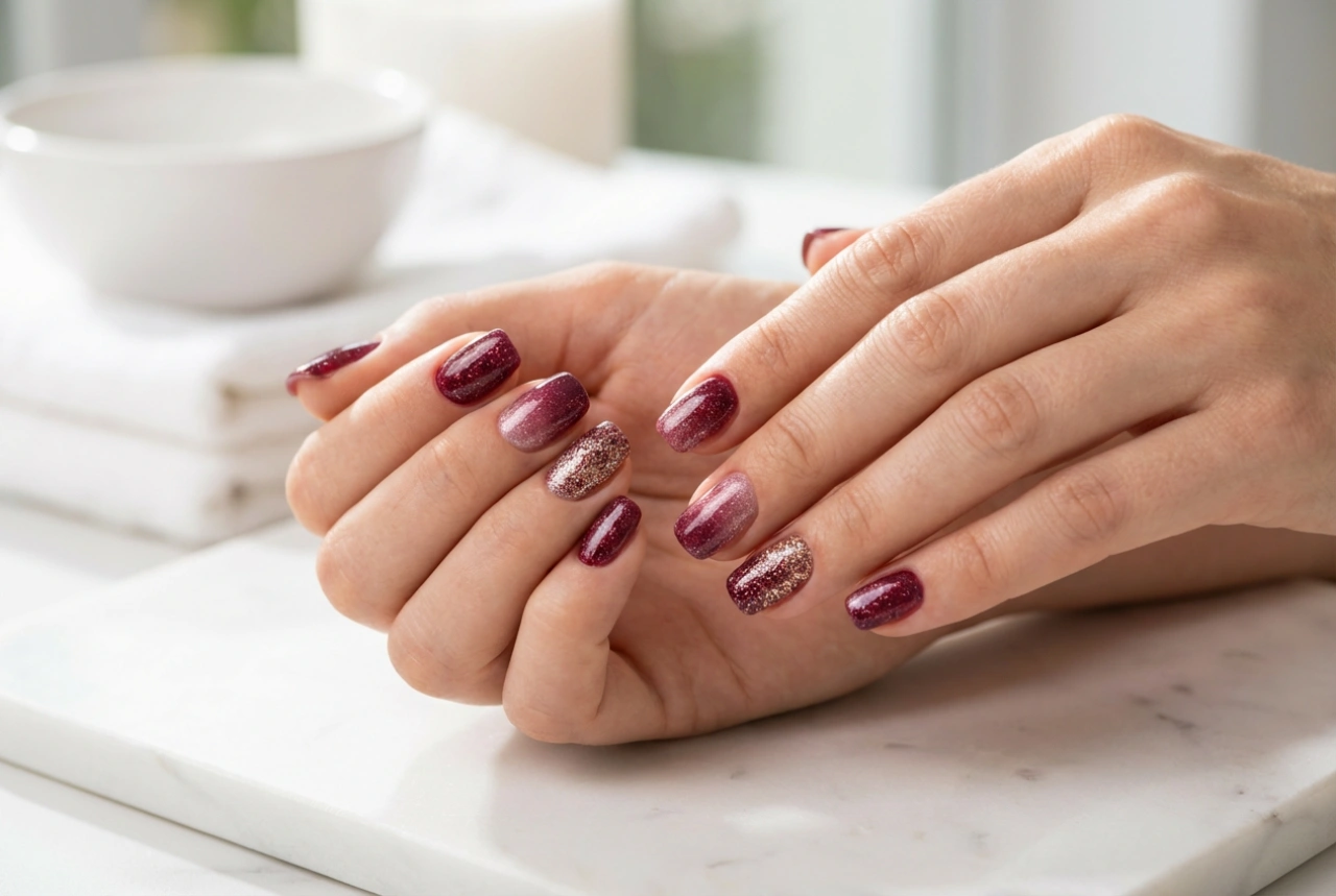 Uñas burdeos con purpurina: degradado, uña de acento y cobertura completa