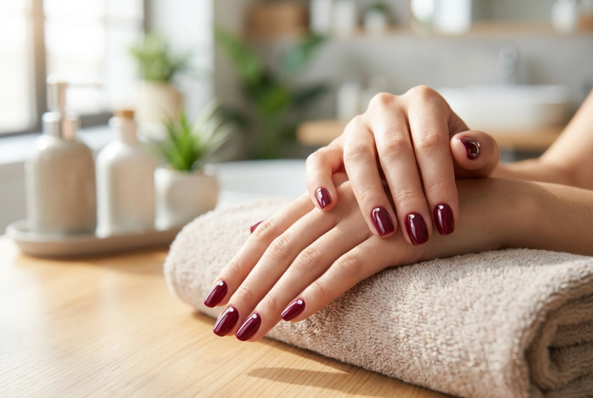Uñas burdeos con circonitas: cómo pegar, colocar y asegurar