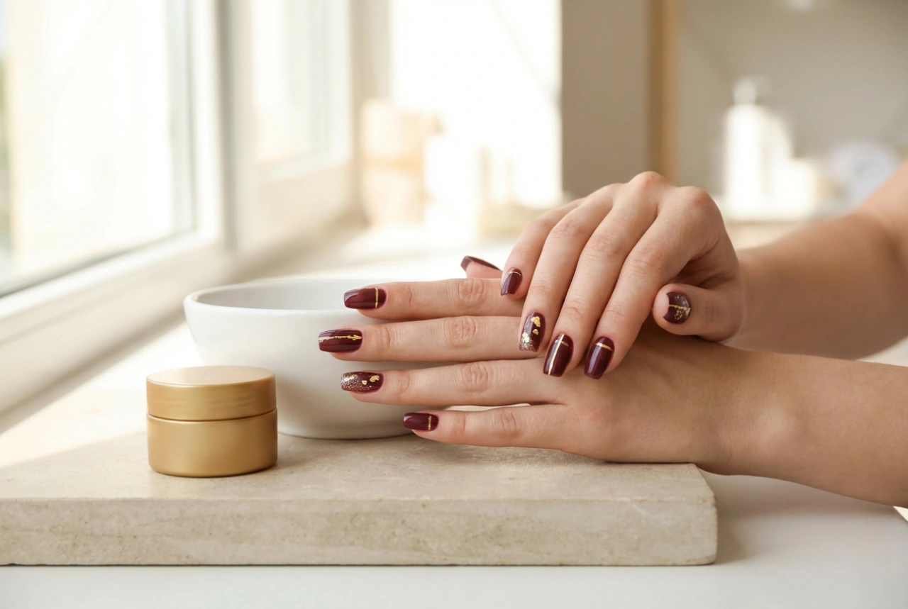 Uñas burdeos con oro: líneas finas, pan de oro y polvos