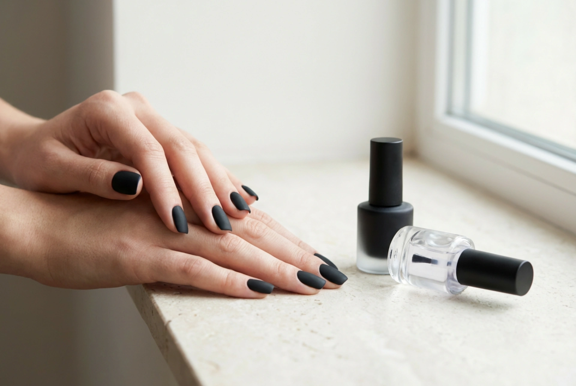 Uñas negras mate impecables: la importancia de la base y el top coat matificante