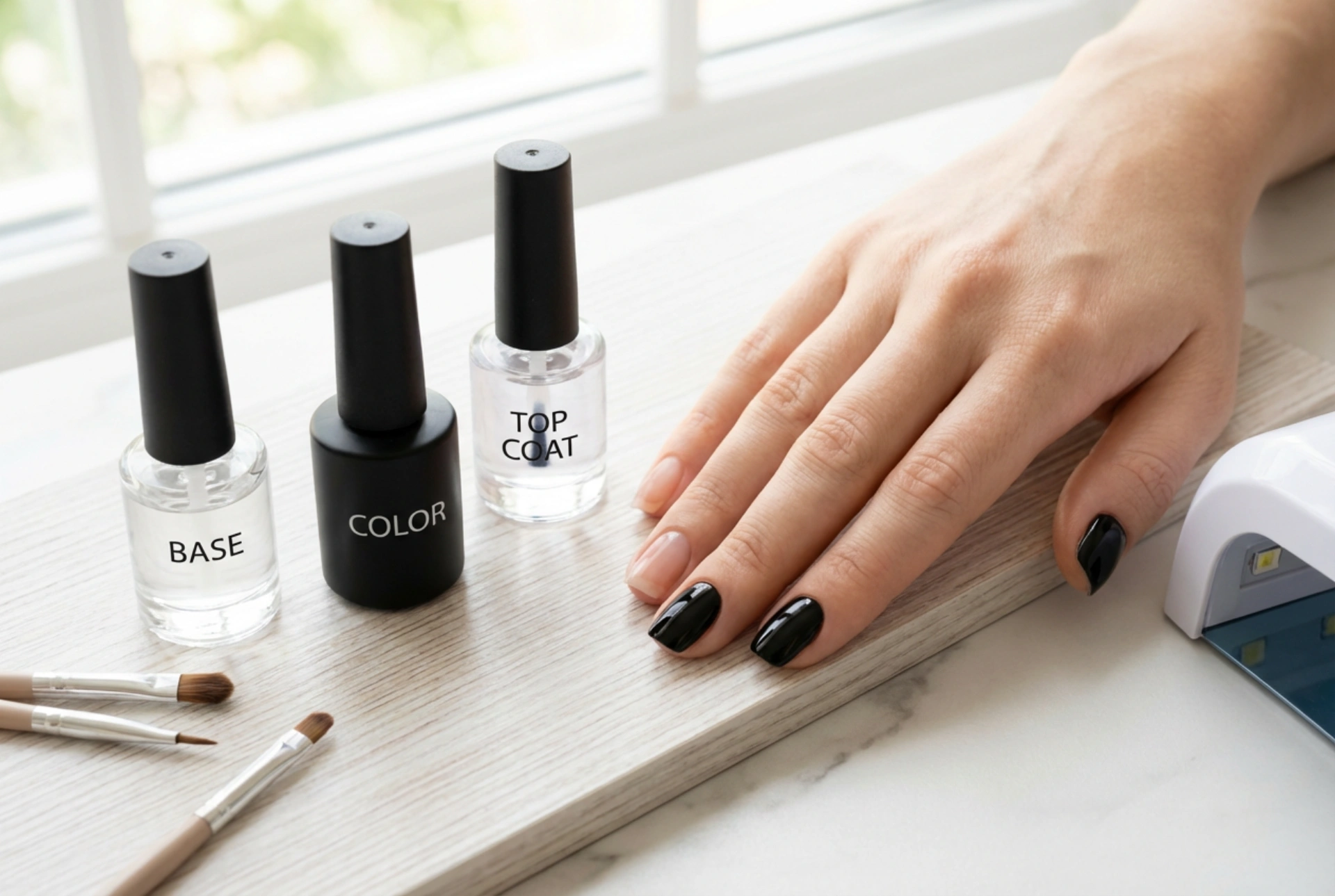 Uñas semipermanentes negras paso a paso: base, color y top coat