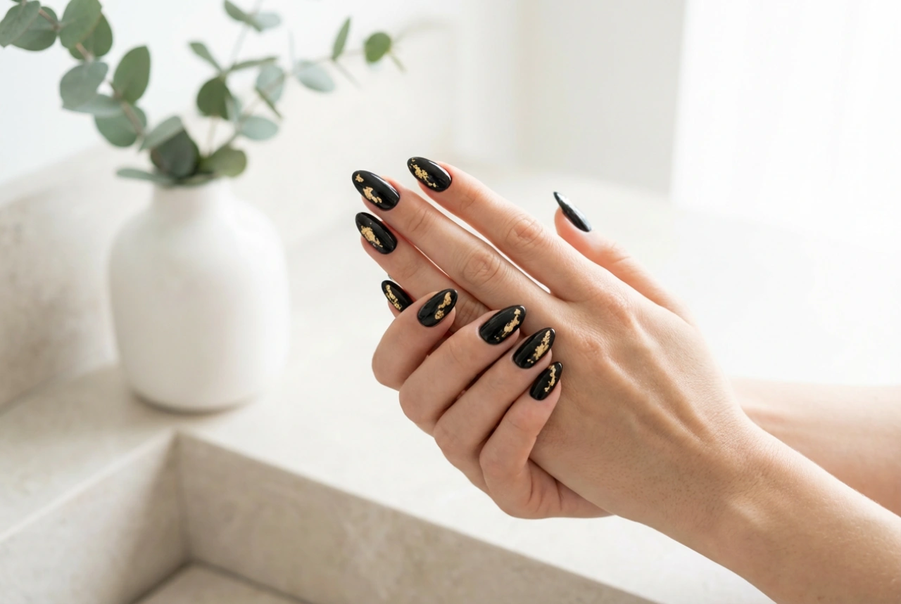 Combinaciones elegantes: uñas negras con dorado paso a paso