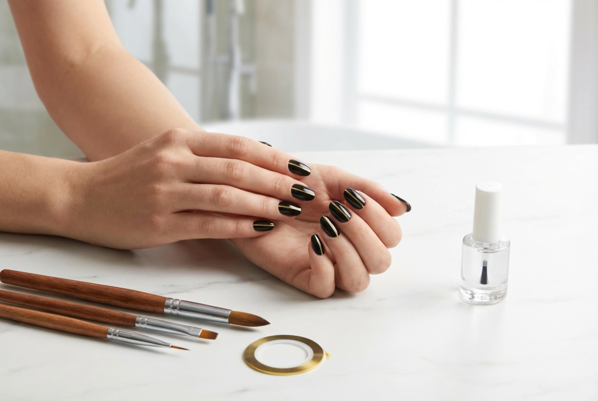 Raya dorada sobre uñas negras: cintas, pinceles y top coat