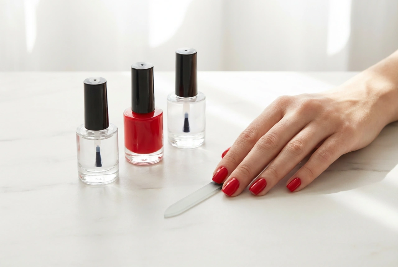 Uñas permanentes rojas paso a paso: base, color y top coat