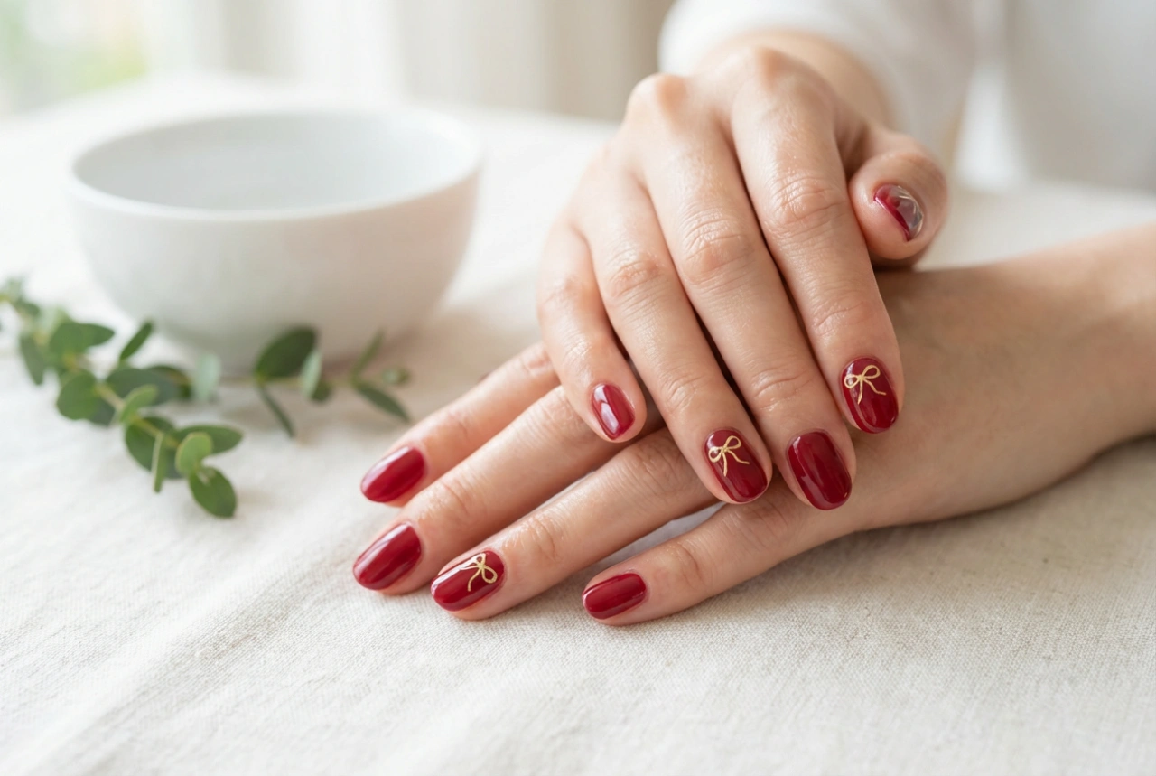 Uñas rojas con lazo: líneas finas, pegatinas y sellos