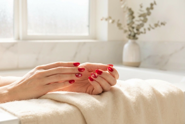 Copos de nieve sobre uñas rojas: técnicas sencillas con pincel y estampación