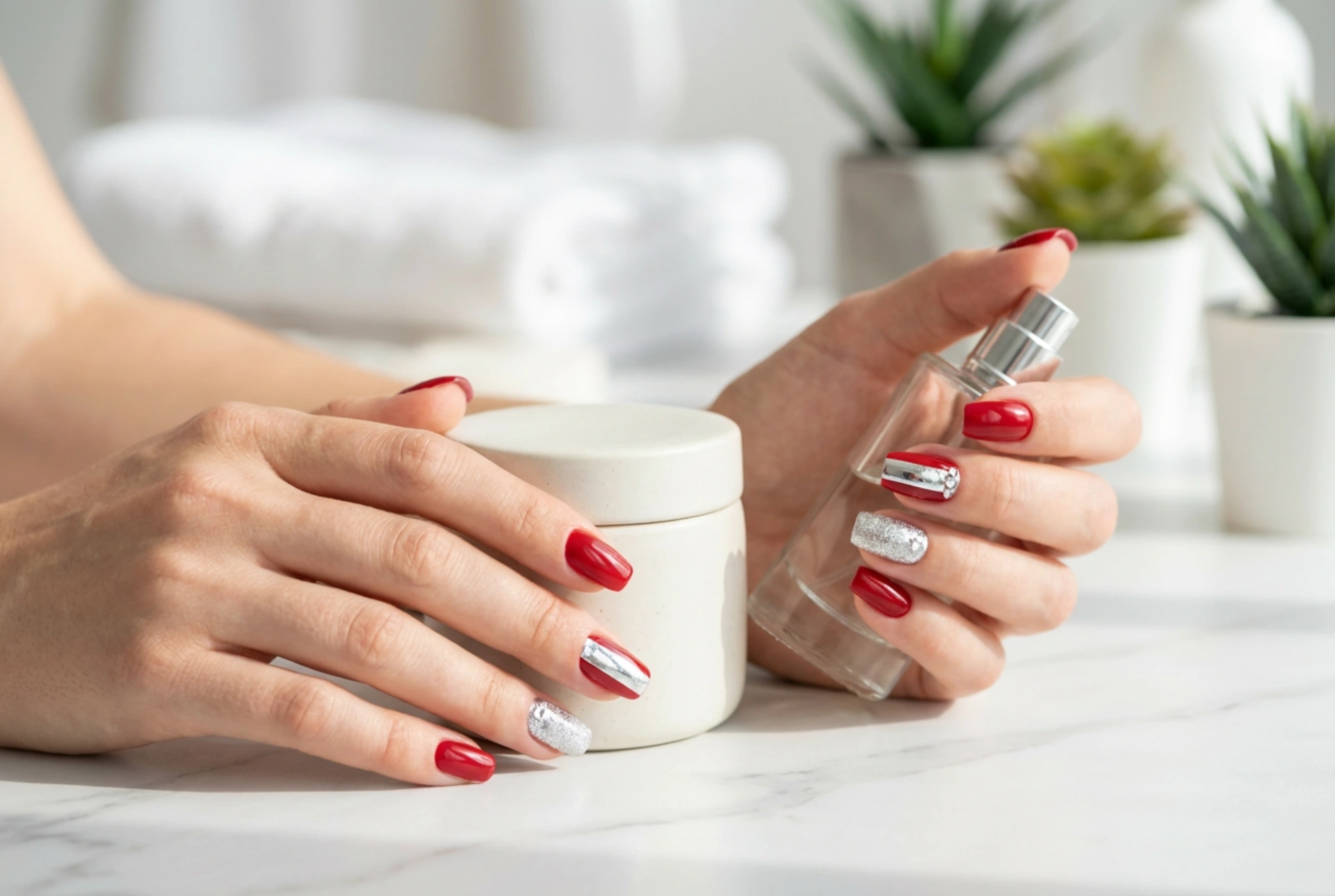 Uñas rojas con plata: cómo combinar purpurina, foil y pedrería