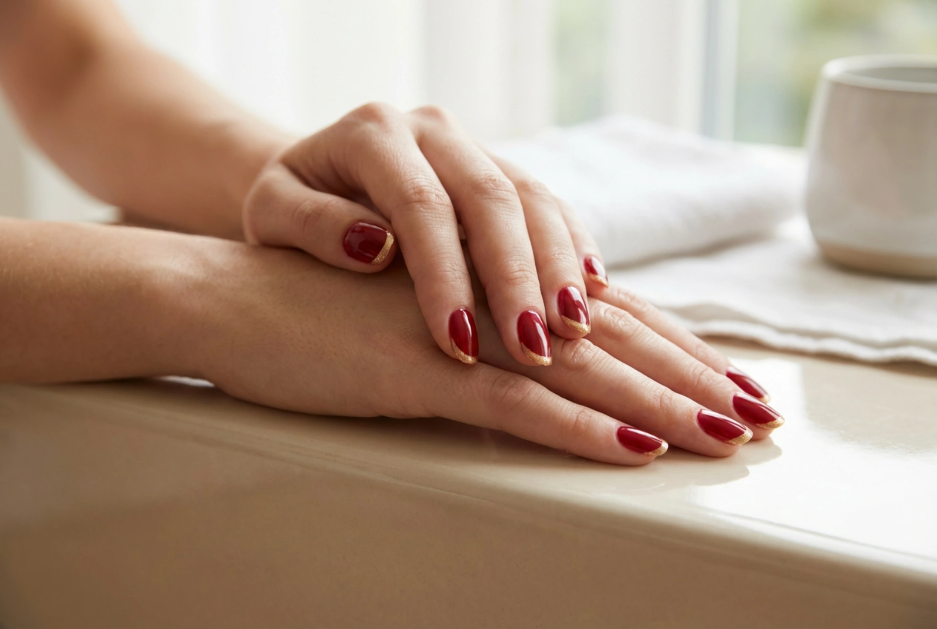 Manicura Francesa Dorada sobre Uñas Rojas: Cómo Lograr una Línea de Sonrisa Perfecta