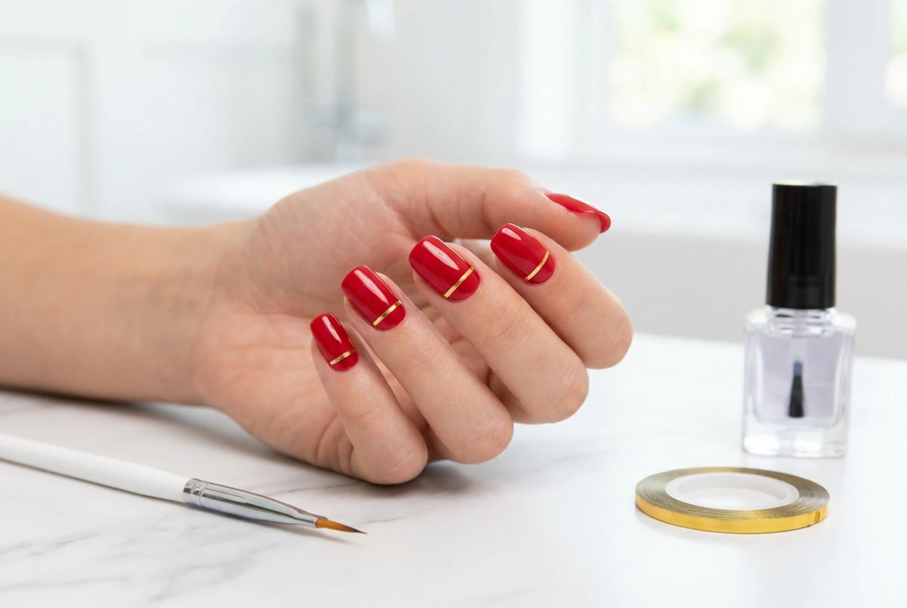 Línea dorada en uñas rojas: cintas adhesivas y pincel