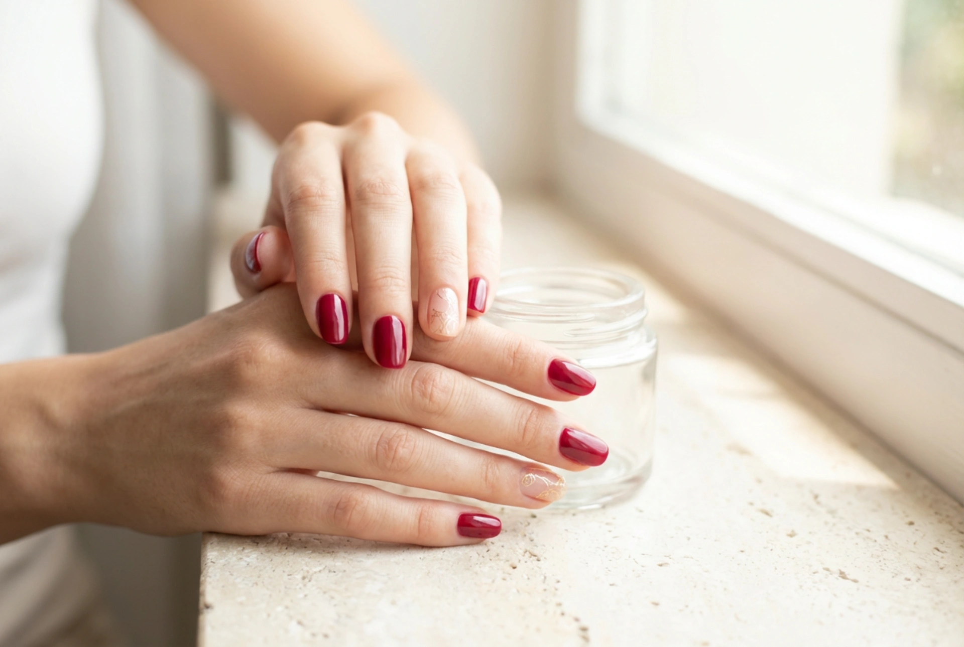 Decoraciones doradas en uñas rojas: proporciones y acabados
