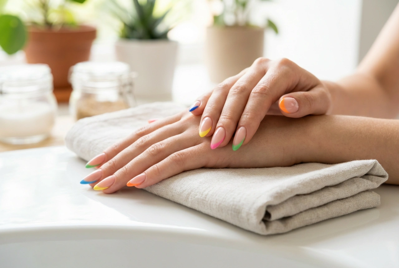 Puntas de uñas coloridas paso a paso: manicura francesa precisa y sin marcas