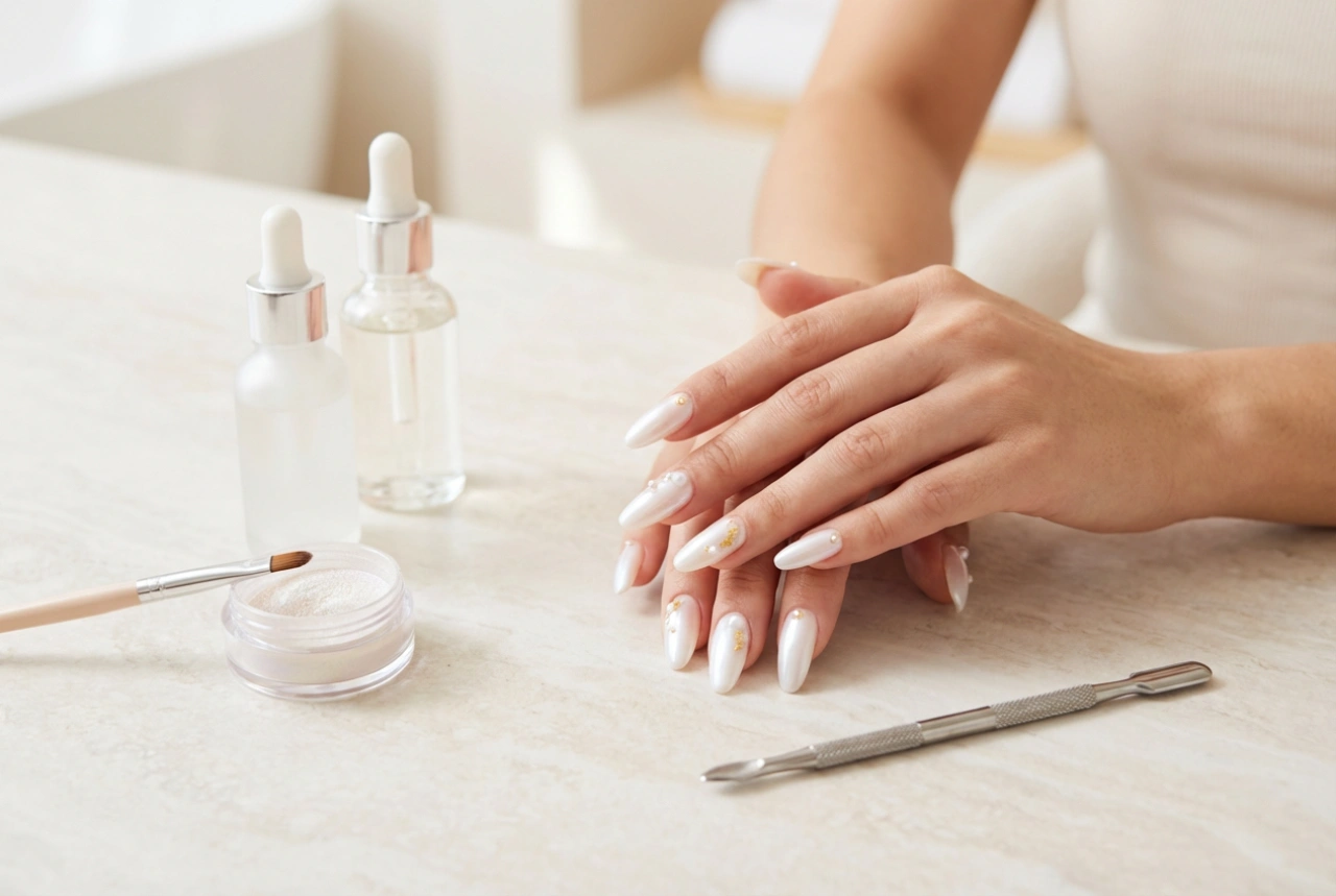 Uñas blanco perlado: cómo trabajar con polvo de efecto y lograr un brillo impecable