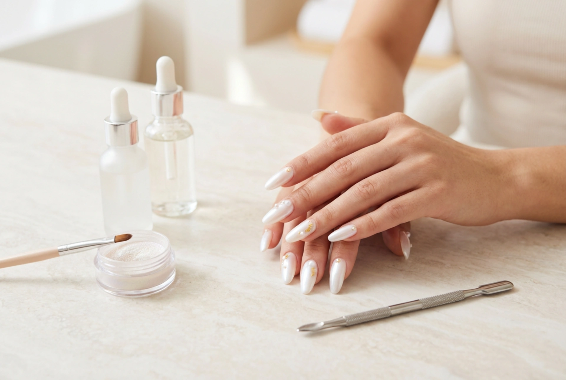 Uñas blanco perlado: cómo trabajar con polvo de efecto y lograr un brillo impecable