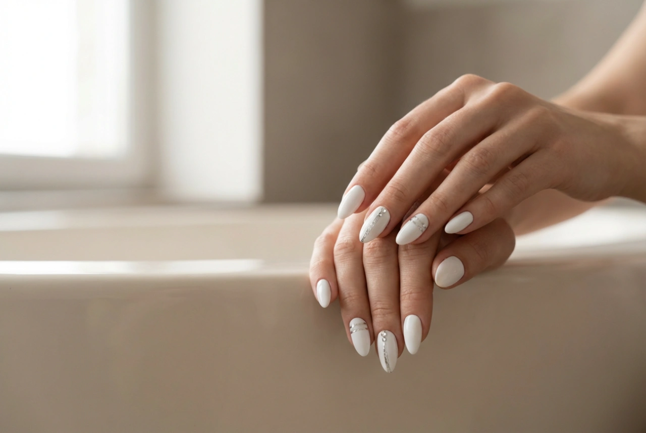 Uñas blancas con un toque plateado: cintas, láminas y circonitas paso a paso
