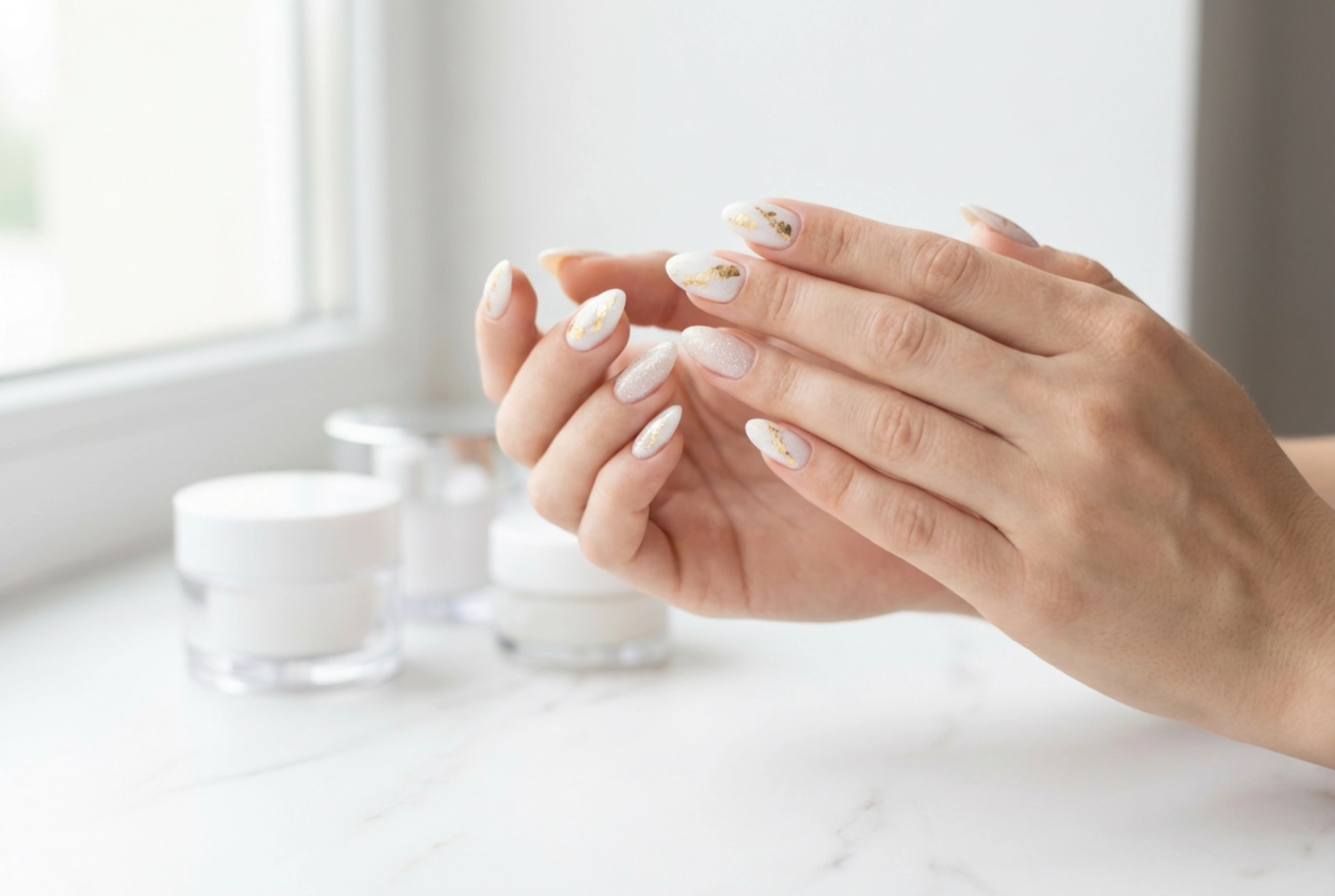 Uñas blancas y doradas: una manicura elegante con pan de oro y purpurina