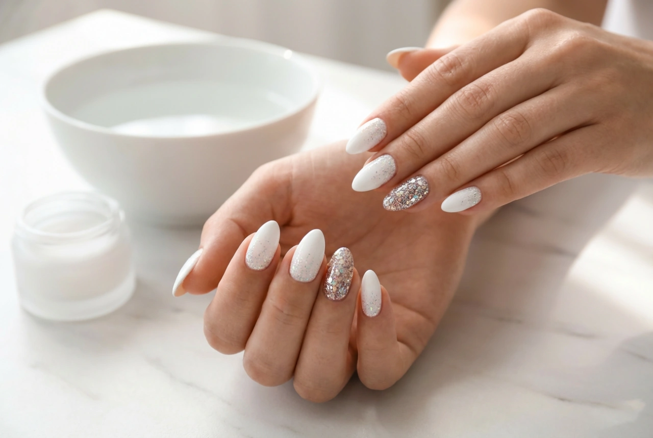 Uñas blancas con purpurina: desde sutiles toques hasta una cobertura total